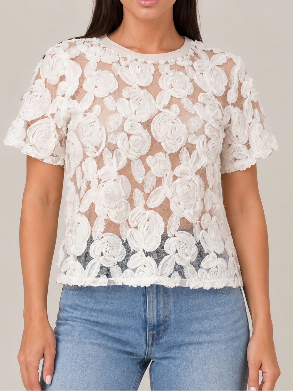 Lord & Taylor White Sheer Floral Appliqué Short Sleeve Blouse